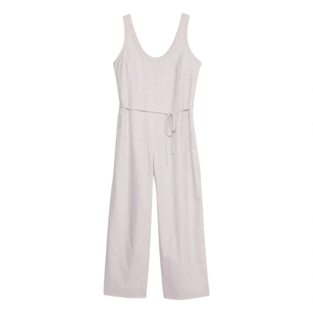 Banana Rep Women's Sleeveless, wide-leg jumpsuit oatmeal self-tie waist belt, Sm
